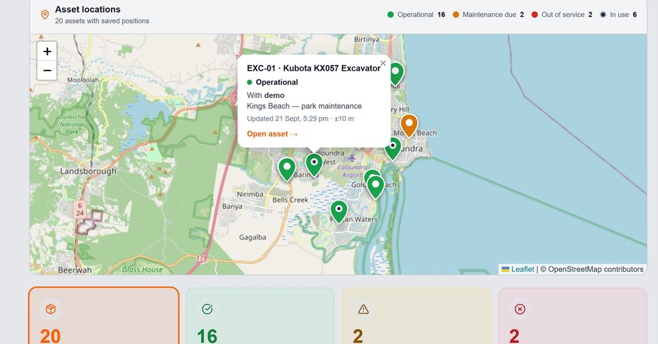 Live asset map with colour-coded status pins