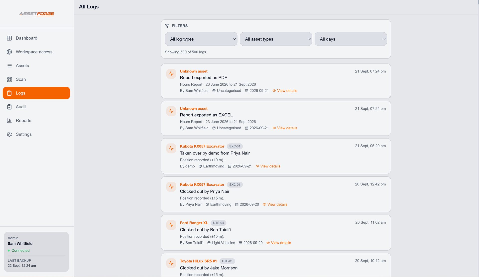AssetForge activity log with clock in/out, faults and exports