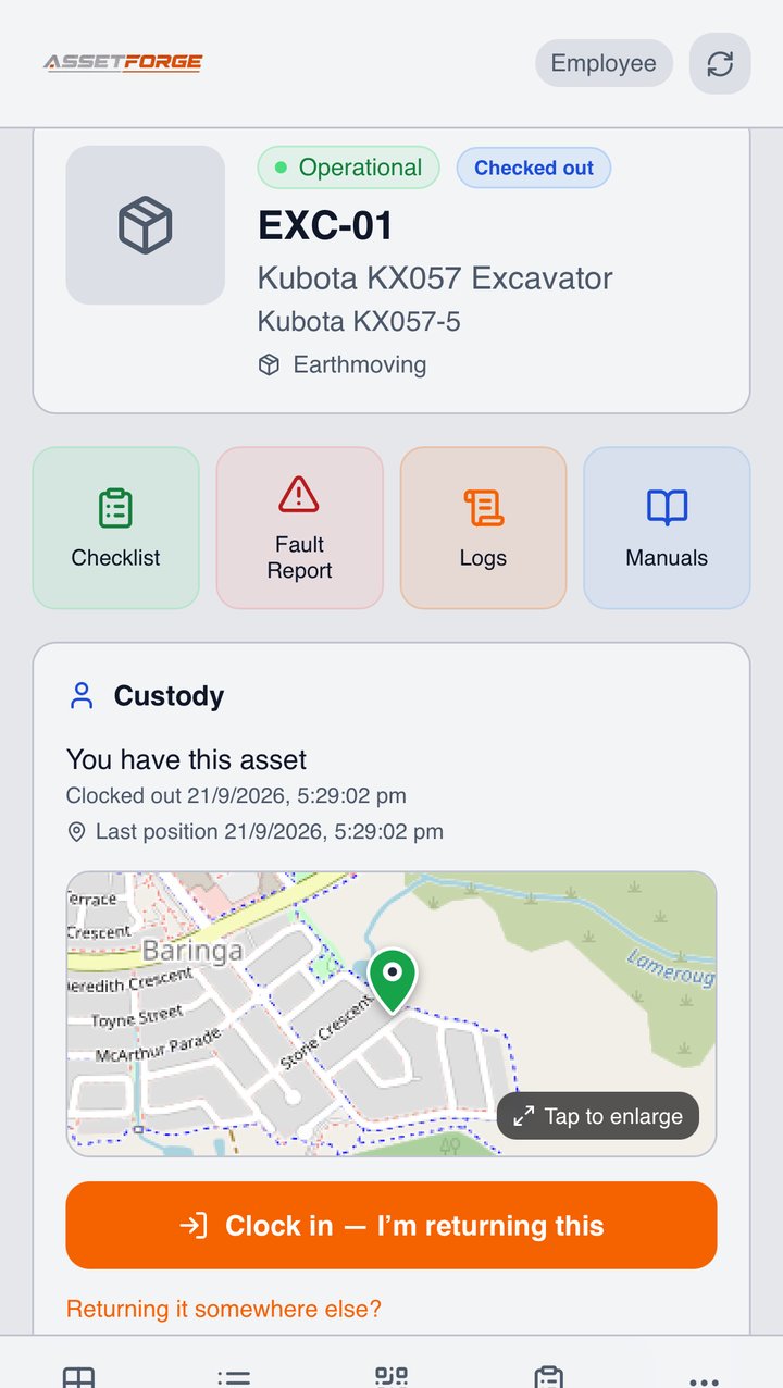 AssetForge asset page on a phone with custody, clock in/out and location map