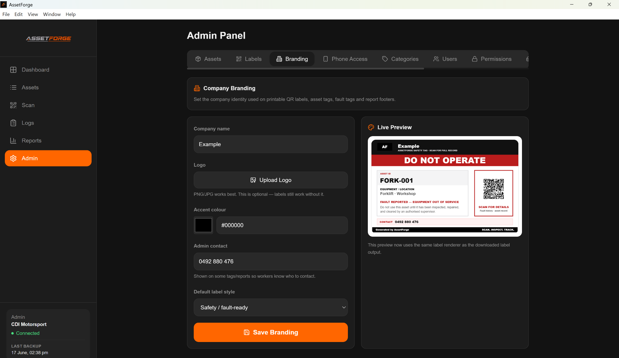 AssetForge orange branding screen