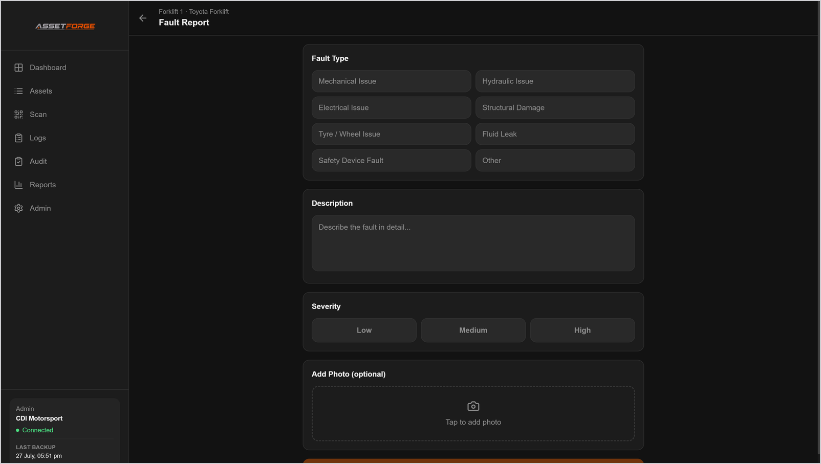 AssetForge fault reporting form