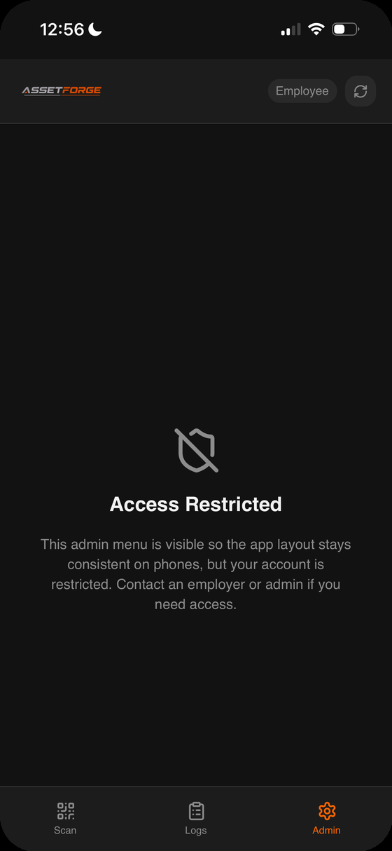 AssetForge mobile role restriction screen